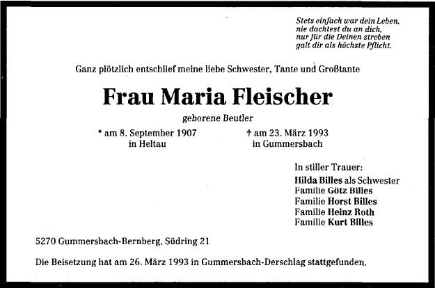 Beutler Maria 1907-1993 Todesanzeige